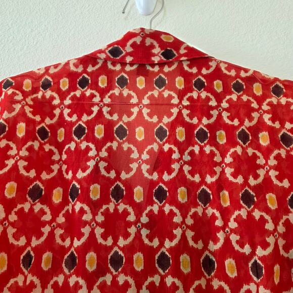 Lafayette 148 New York Red Ikat Print Button Front Blouse Women Sz 14 Tie Front - Picture 8 of 13